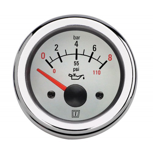 Oljetrycksmätare 24 V, med vit tavla, (0-8 kg/cm2), håltagnings D. 52 mm